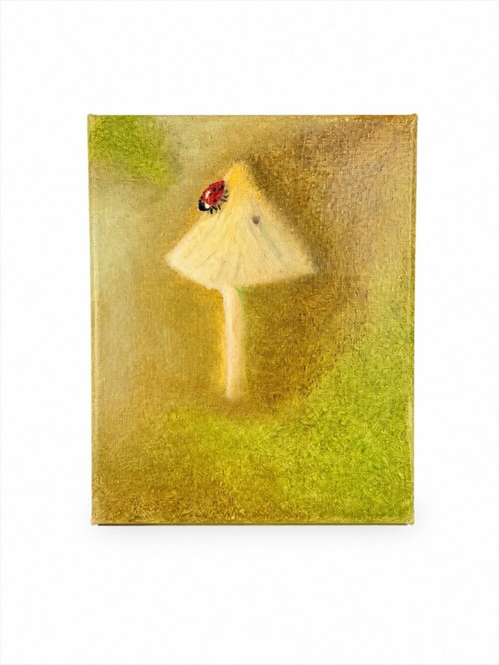Oil on Canvas Mushroom with Lady Bug Hand Painted Art Home Table Shelf Decor Uni